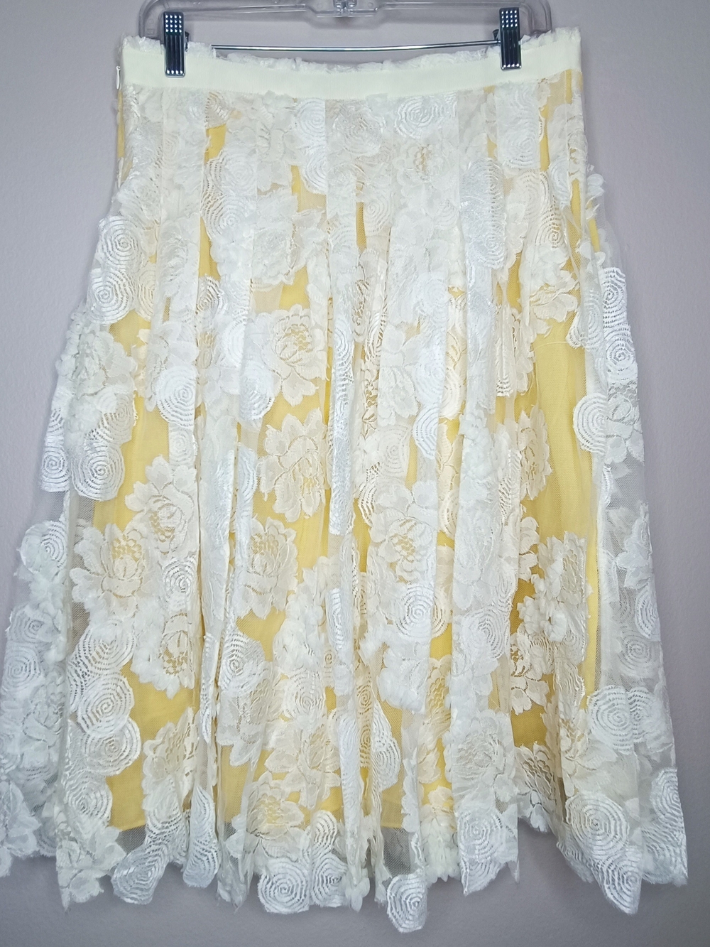 Pearl by Lela Rose Yellow White Floral Lace A-Line Midi Skirt Size 6